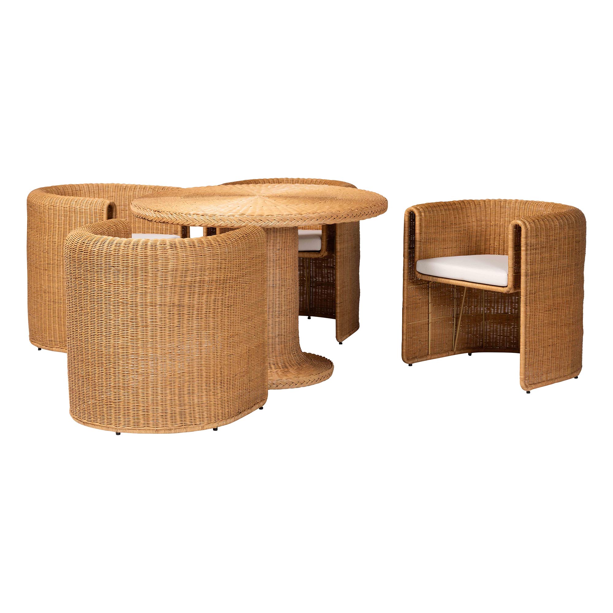 bali & pari Amaya 5-Piece Round Rattan Dining Set - Handwoven Wicker Pedestal Table and 4 Barrel Chairs with Cushion, Coastal Kitchen or Sunroom Furniture